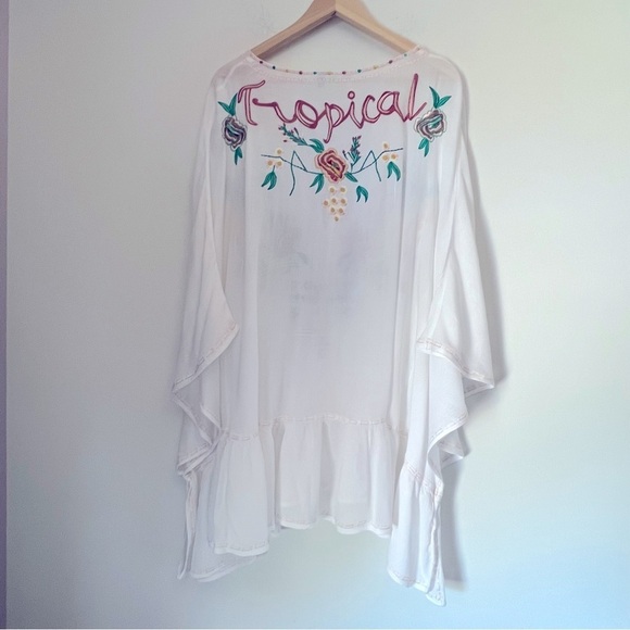 Rare Farm Rio Colorful Embroidered Tropical White Kaftan Beach Cover-up One Size - Picture 2 of 14